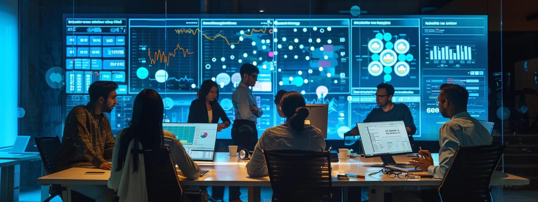 a cutting-edge office environment showcases a diverse group of marketers collaboratively analyzing advanced analytics on sleek digital screens, surrounded by vibrant infographics and futuristic technology, symbolizing the evolution of facebook strategies beyond 2025.