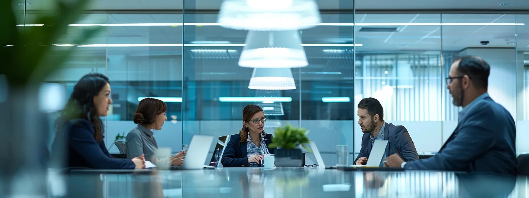 a dynamic office environment showcases a diverse group of professionals engaged in a lively discussion, their expressions reflecting active listening and collaboration as they gather around a modern conference table, illuminated by bright, focused overhead lighting.