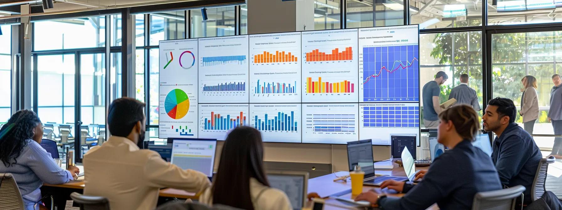 a dynamic office workspace features a large digital display showcasing colorful analytics and graphs, with engaged professionals analyzing data strategies for enhancing facebook's organic reach in a competitive digital landscape.