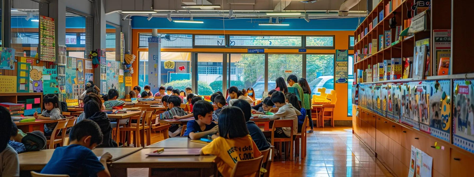 a dynamic urban classroom bustling with diverse students engaged in a literacy workshop, surrounded by colorful educational posters and modern learning tools, capturing the essence of literacy advancement in asia.