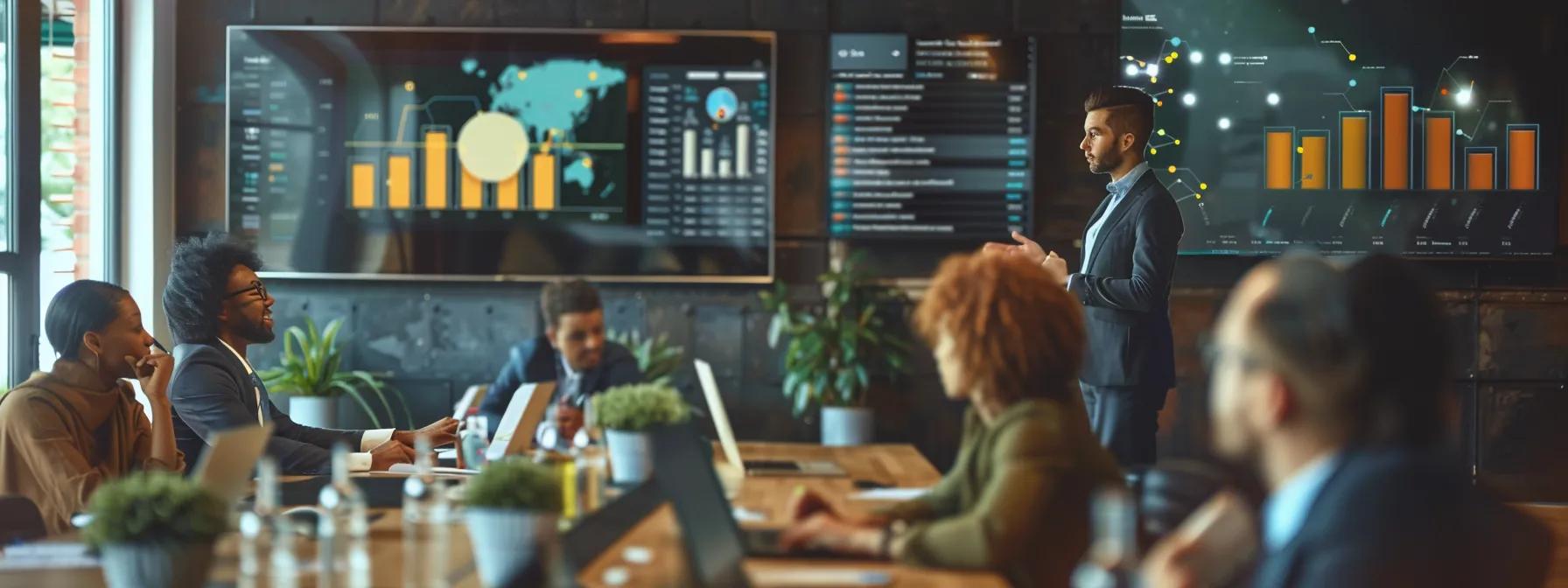a modern, bustling urban office filled with diverse professionals engaging in discussions around digital dashboards displaying vibrant graphs and statistics, emphasizing the importance of measuring and monitoring literacy rates.
