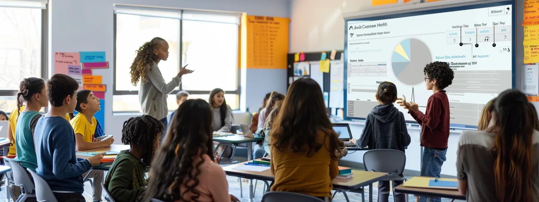 a modern classroom setting with a diverse group of engaged students interacting with digital screens displaying progress data and assessment results, while a teacher provides focused feedback to foster literacy improvement.