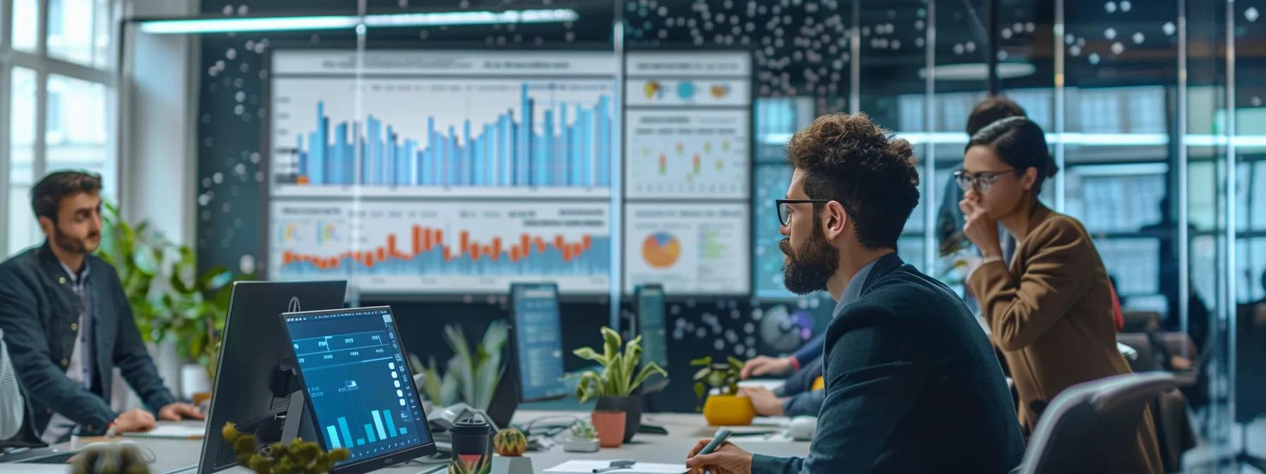 a modern office space is bustling with activity as a diverse team collaborates over a large digital screen displaying dynamic graphs and charts, illustrating the evolving strategies for optimal facebook posting times amidst an energetic discussion.