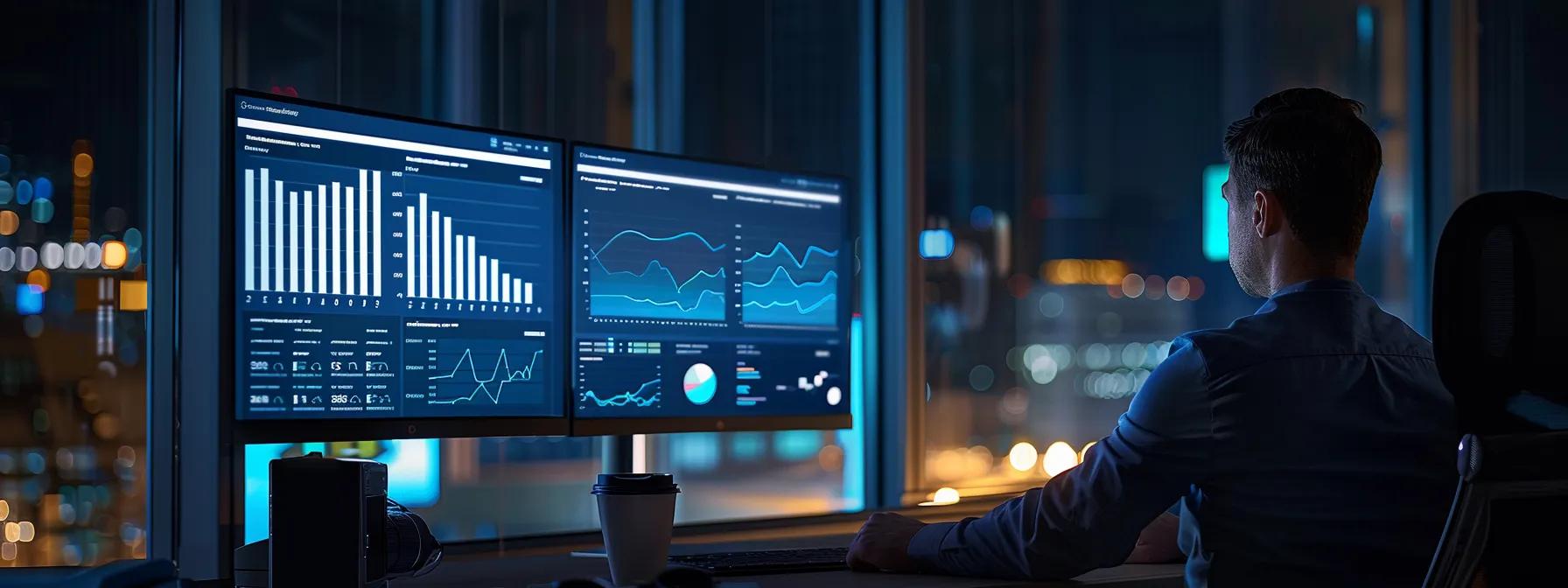 a modern office workspace displays a large screen showcasing dynamic charts and graphs analyzing facebook engagement analytics, with a focused individual reviewing data, illuminated by soft artificial lighting.