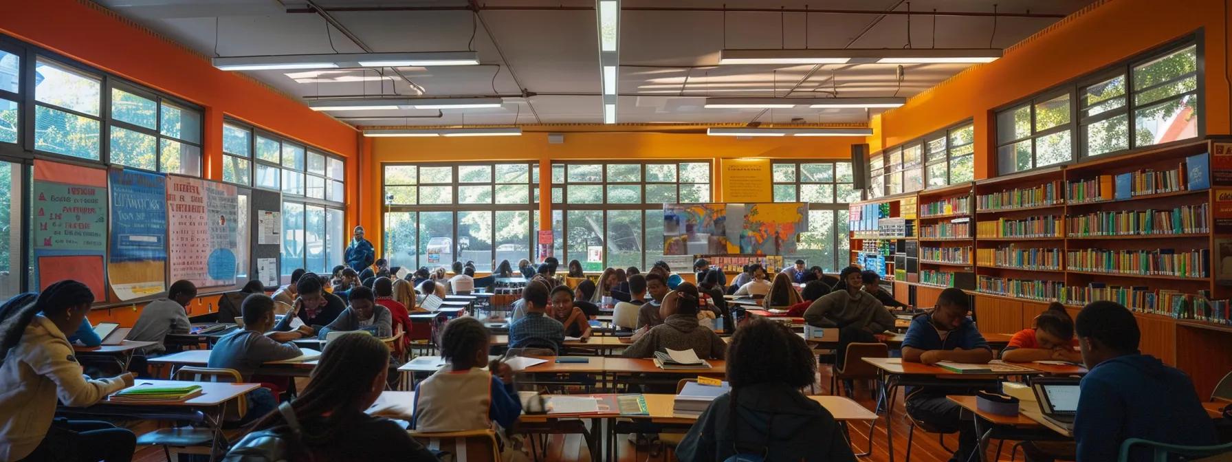 a powerful urban classroom filled with diverse students engaged in reading and writing, surrounded by colorful educational posters highlighting global literacy statistics, illuminated by bright overhead lighting to emphasize a vibrant learning atmosphere.