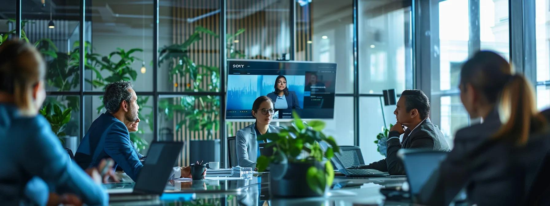 a sleek modern office setting showcases a diverse team of professionals engaged in a dynamic brainstorming session around a digital display, emphasizing the synergy of strategic planning and creative content in enhancing social media engagement.