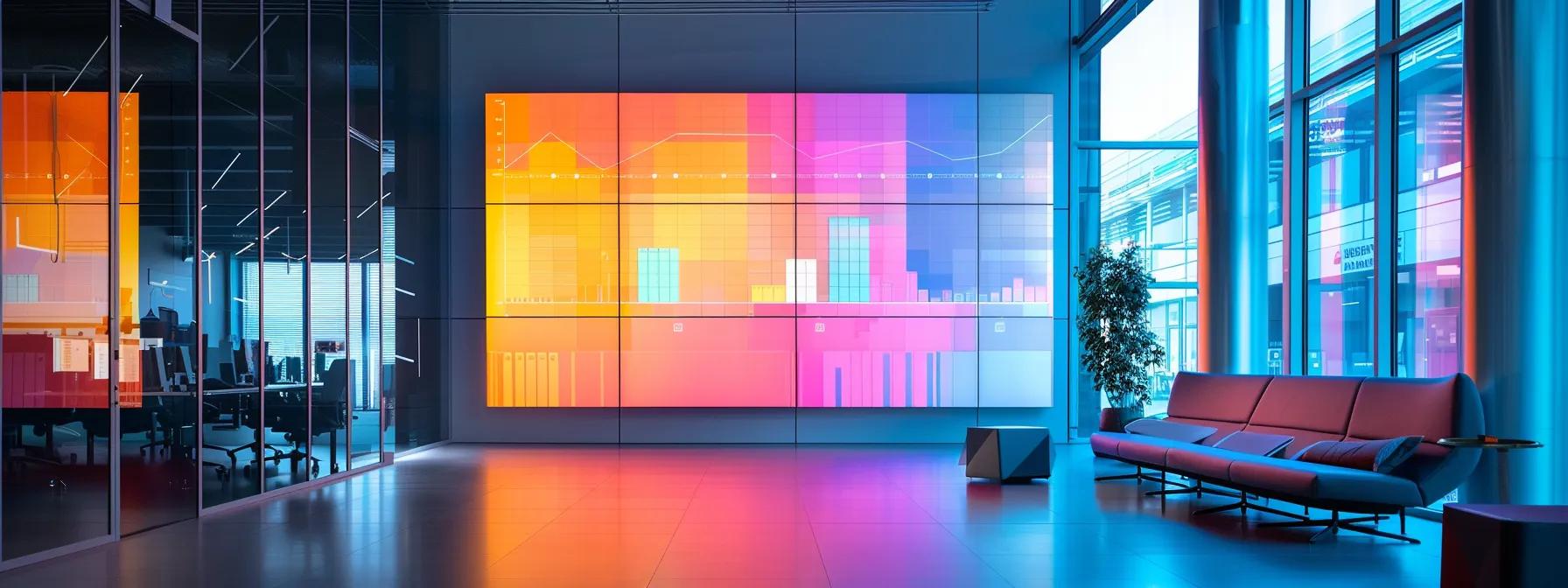 a sleek, modern office workspace displays a large digital screen showcasing analytics and engagement metrics, illuminated by vibrant colors, emphasizing the critical role of facebook's 2025 algorithm in shaping content visibility.