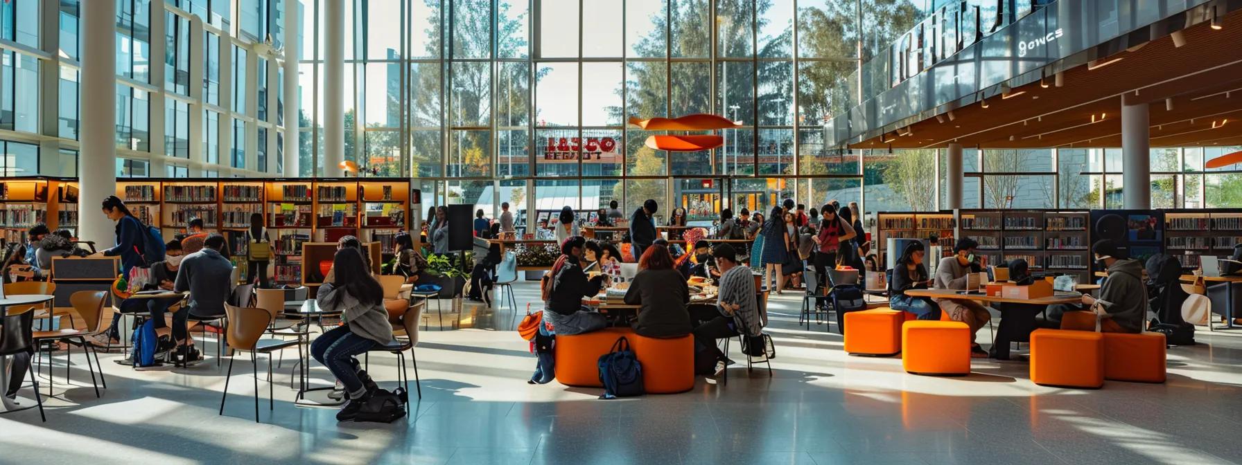 a vibrant community gathering in a modern library, with diverse individuals engaging in a lively book exchange event, showcasing enthusiasm for literacy and collective support for educational programs.
