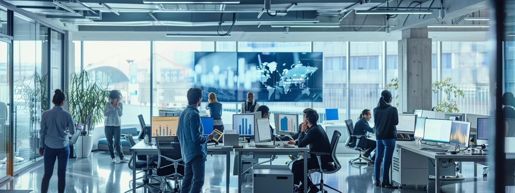 a bustling modern office filled with diverse professionals collaborating over advanced technology, analyzing data on large screens, and discussing innovative ai-driven projects, capturing the dynamic integration of new career opportunities spurred by ai advancements.