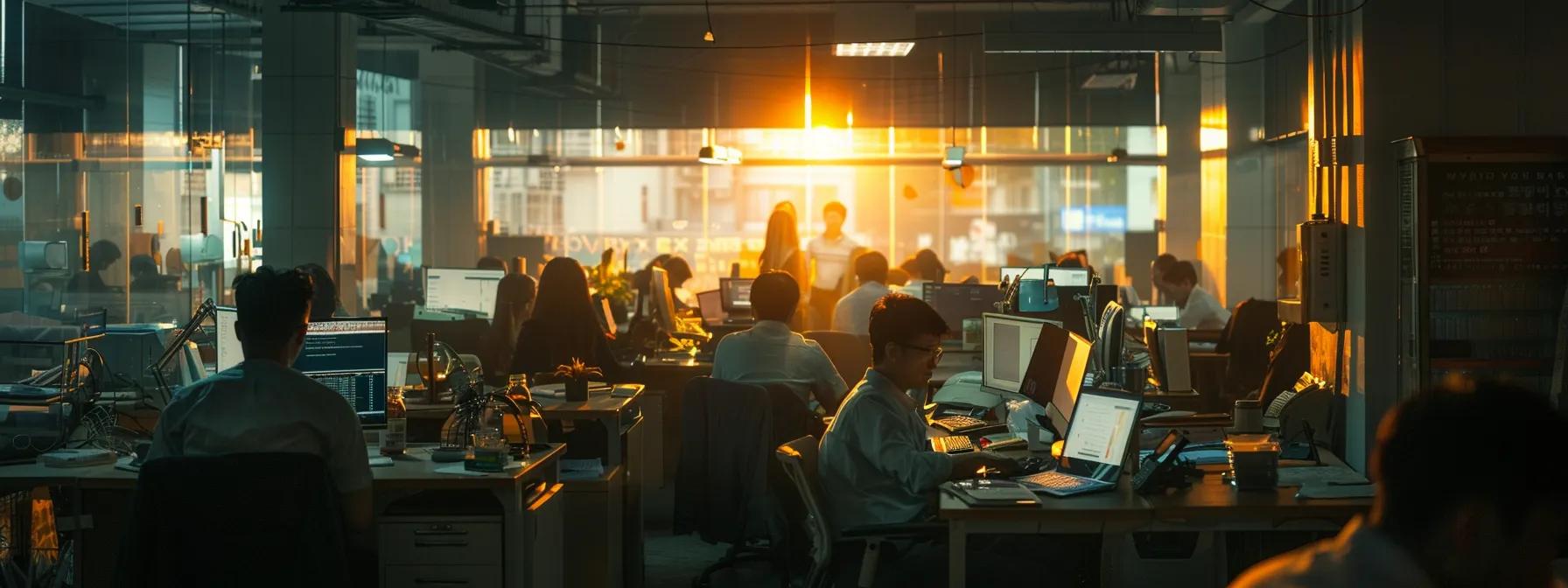 a dimly lit office space, filled with anxious workers seated at cluttered desks, their expressions reflecting worry and uncertainty as they navigate the challenges of job displacement due to ai automation.