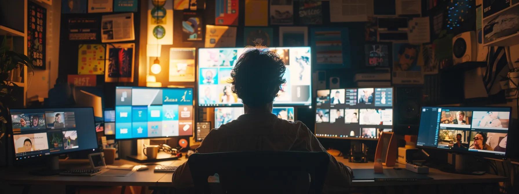 a dimly lit office filled with chaotic, colorful social media notifications on multiple screens, reflecting the overwhelming impact of misinformation and mental health stressors on an isolated figure seated at a cluttered desk.