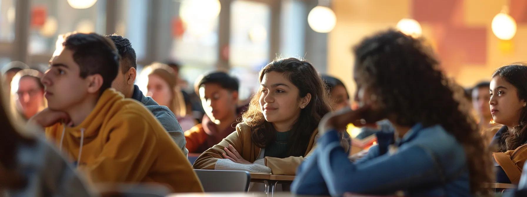 a dynamic and engaging classroom setting captures a diverse group of students attentively exchanging ideas, demonstrating active listening and collaboration under the warm glow of overhead lighting.
