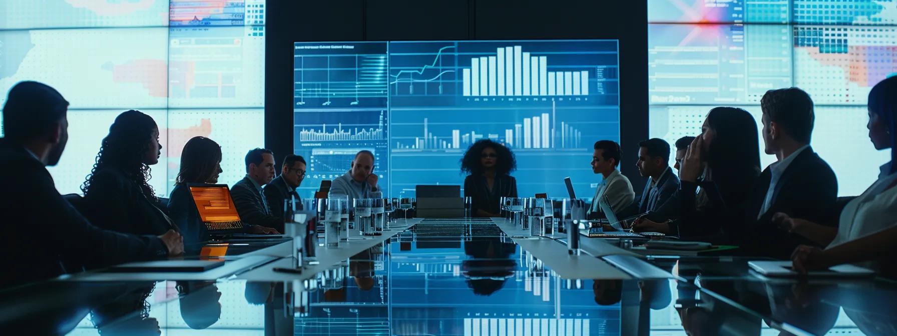 a dynamic office meeting scene captures diverse professionals engaged in passionate discussion around a large table, heavily focused on digital screens displaying fact-checking data and transparency statistics, symbolizing a collaborative effort to combat misinformation.