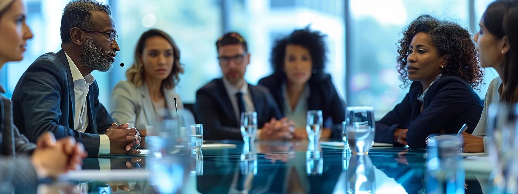 a focused business meeting scene with diverse professionals engaged in active listening, demonstrating nonverbal cues like eye contact and nodding, in a modern conference room equipped with a large glass table and digital presentation tools.