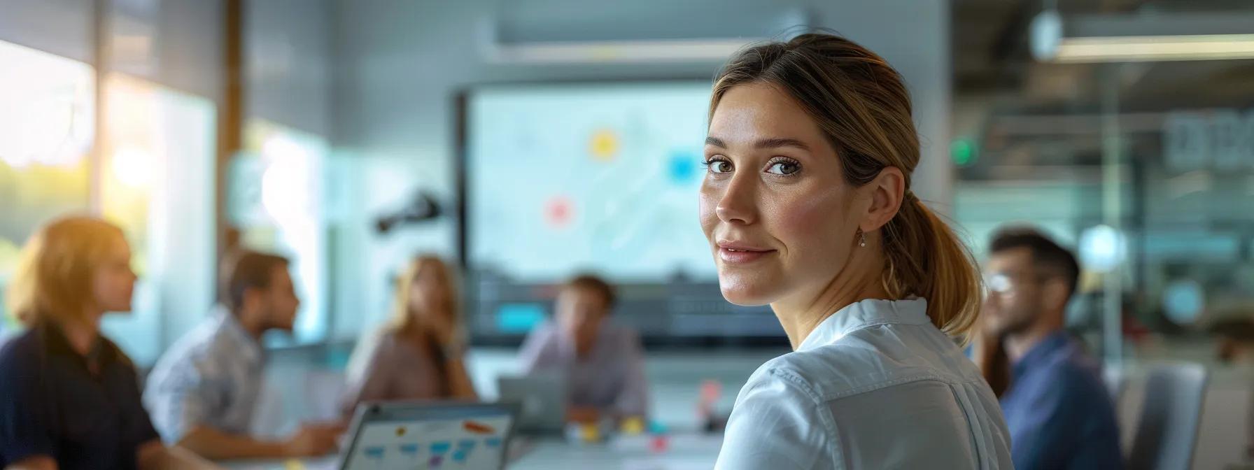 a focused professional in a modern office environment engages in active listening during a collaborative meeting, surrounded by visual aids highlighting the key components of comprehension, retention, and appropriate response.