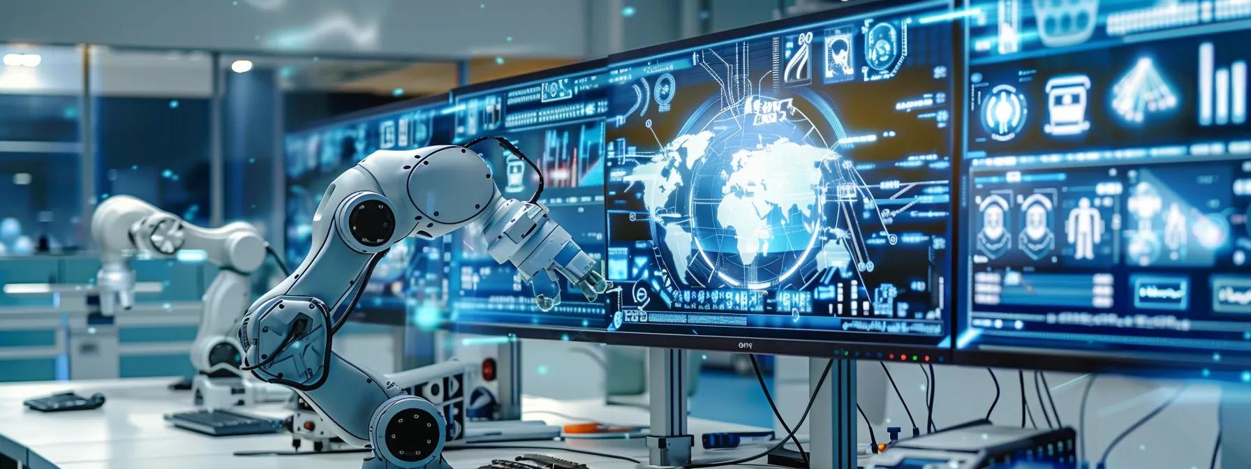 a sleek, modern office environment showcases an array of sophisticated ai-driven technology interfaces, with robotic arms executing assembly tasks in the background, symbolizing the transformation of careers impacted by automation and artificial intelligence.