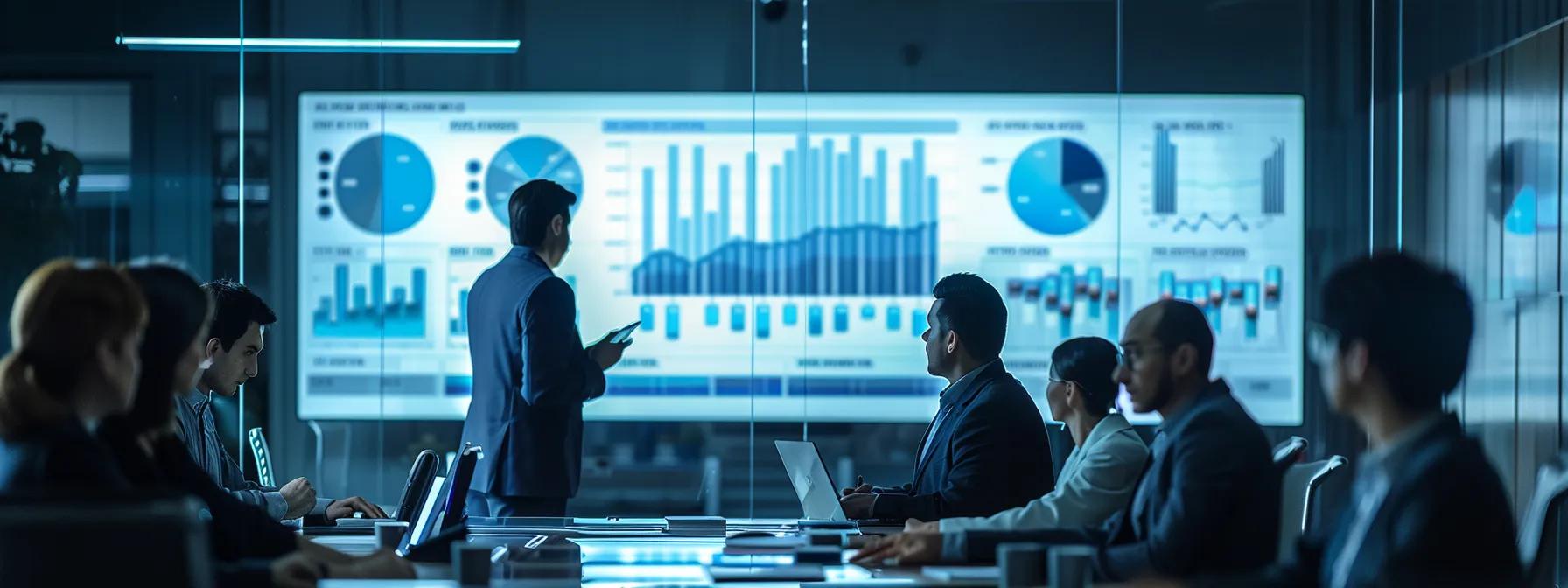 a sleek, modern office filled with concerned professionals gathered around a large screen displaying graphs and statistics on job displacement due to ai, exuding an atmosphere of urgency and contemplation.