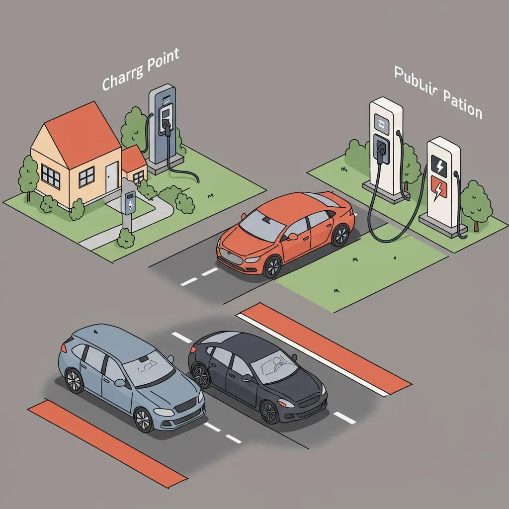 Various electric vehicle charging options including home, public, and fast charging stations, highlighting accessibility and convenience